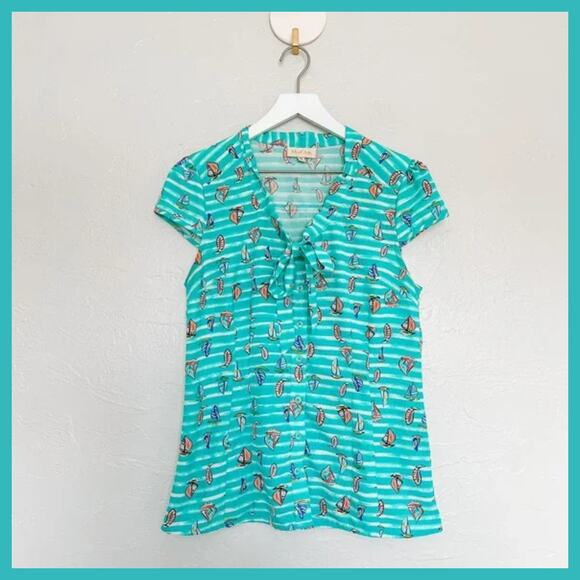ModCloth Retro Blue Striped Sailboat Top Medium - Picture 1 of 6